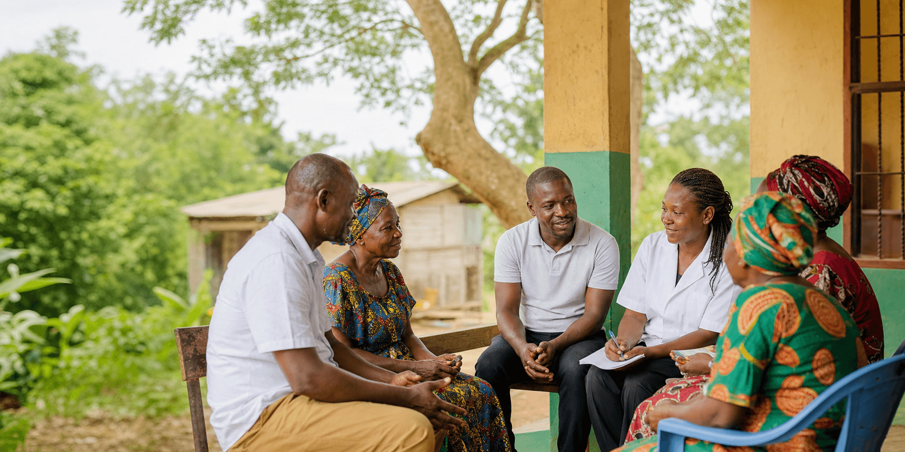 Groupe communautaire au Cameroun échangeant avec une professionnelle de santé.